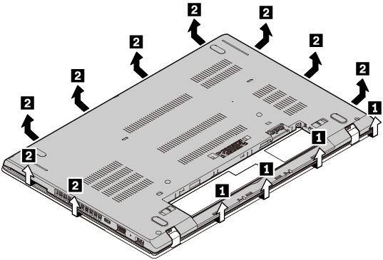 8. Távolítsa el az alsó borítást a jelzett sorrendben. 9. Tegye a helyére az új alsó borítást 1. Ügyeljen rá, hogy az alsó borítás reteszei az alsó borítás alatt rögzüljenek.