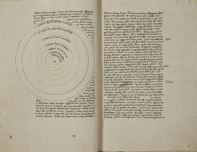 Az eredeti könyv egy részlete. Kopernikusz kéziratából 1543-ban született meg a híres könyv. De Revolutionibus Orbium Coelestium (Az égi pályák körforgásairól) lett a címe. Nürnbergben jelent meg.