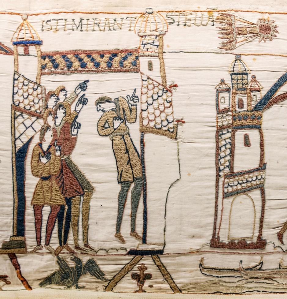 Az üstökös legkorábbi ábrázolása a bayeux-i kárpiton (1066). Az üstökös pályája. Érdemes megfigyelni, hogy elnyúlt ellipszis alakú.