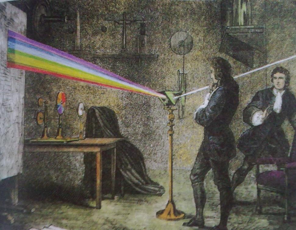 Newton egy prizmával alkotó elemeire bontotta a Nap fehér fényét: ez volt az első színkép. Newton tükrös távcsöve.