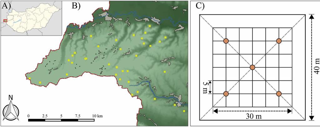 1. ábra. A vizsgálati terület földrajzi elhelyezkedése (A), a mintaterületek térképi pozíciói a régióban (B), a terepi mintavétel vázlatos rajza egy mintaterületen (C).