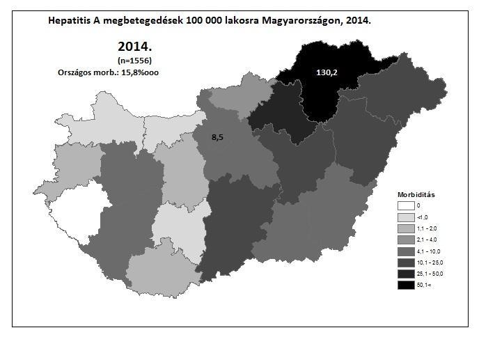 30 Epinfo 11. sz. ábra Hepatitis A megbetegedések 100 000 lakosra Magyarországon, 2014.