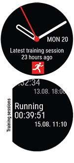 Idő nézetben a FEL és LE gombok segítségével keresd meg a Latest training sessions (Legutóbbi edzésszakaszok) kijelzőt, majd nyomd meg az OK gombot.