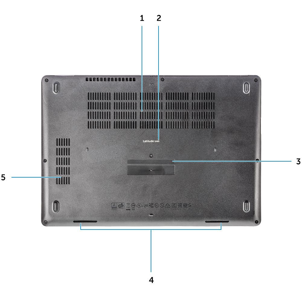 GUID-FDF7D663-1CEA-4E91-9BD9-E7F5A2CE0D40 Alulnézet 1 Ventilátornyílások 2 Típus neve 3 Szervizcímke 4 Hangszóró 5 Ventilátornyílás GUID-46524BEA-659C-4FA6-8948-C45F3FE20885