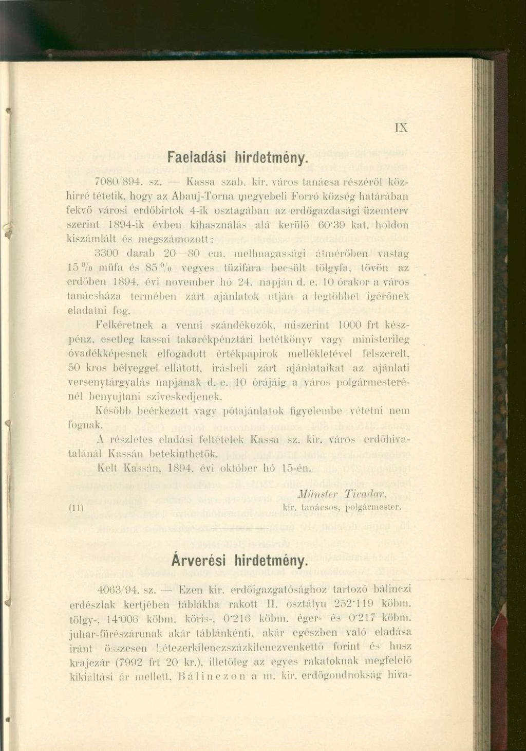 IX Faeladási hirdetmény. 7080 894. sz. Kassa szab. kir.