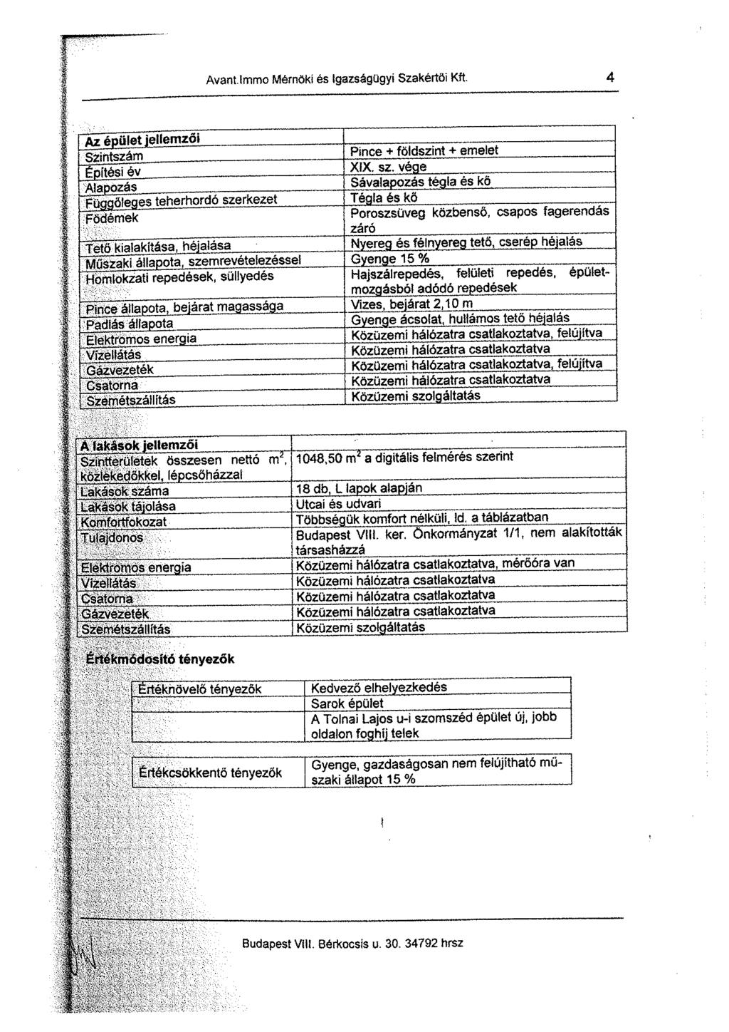 f /ant.tmmo Mérnöki és igazságügyi Szakértői Kft. 30 at níilet jellemzői Szintszám Pince + földszint + emelet Pnítési év XIX. sz.