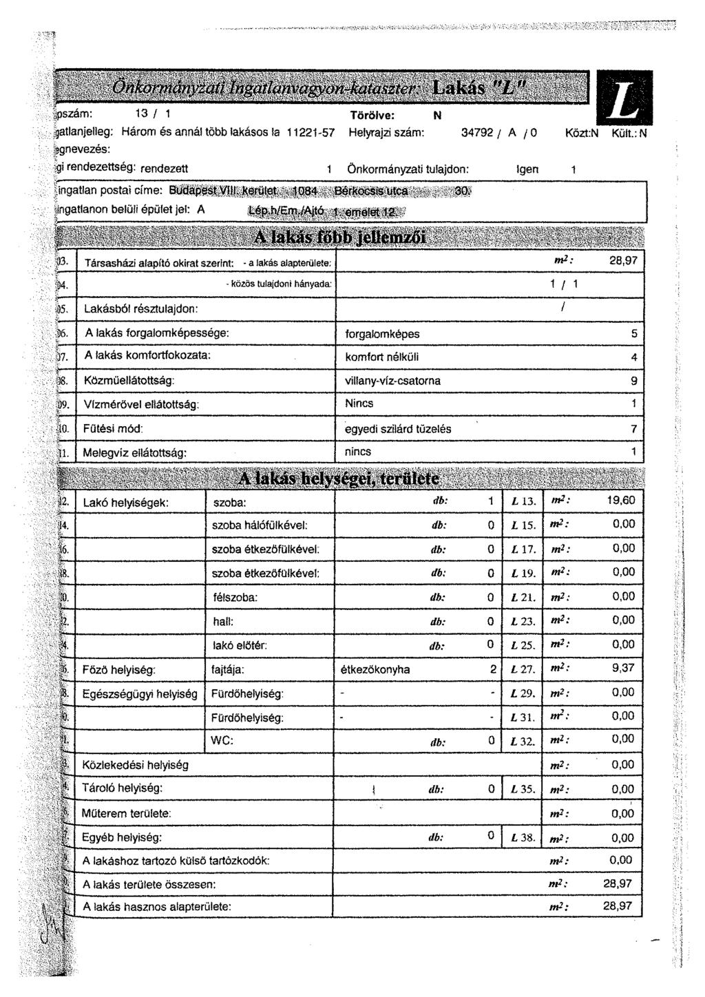 Onkormámuitt In^atlam a&on-kata\ztcr Lakás "L" j^l fpszám: 13/1 Törölve: N EJJB Jatlanjelieg: Három és annál több lakásos ia 11221-57 Helyrajzi szám: 34792/ A 0 Közt:N Küít.