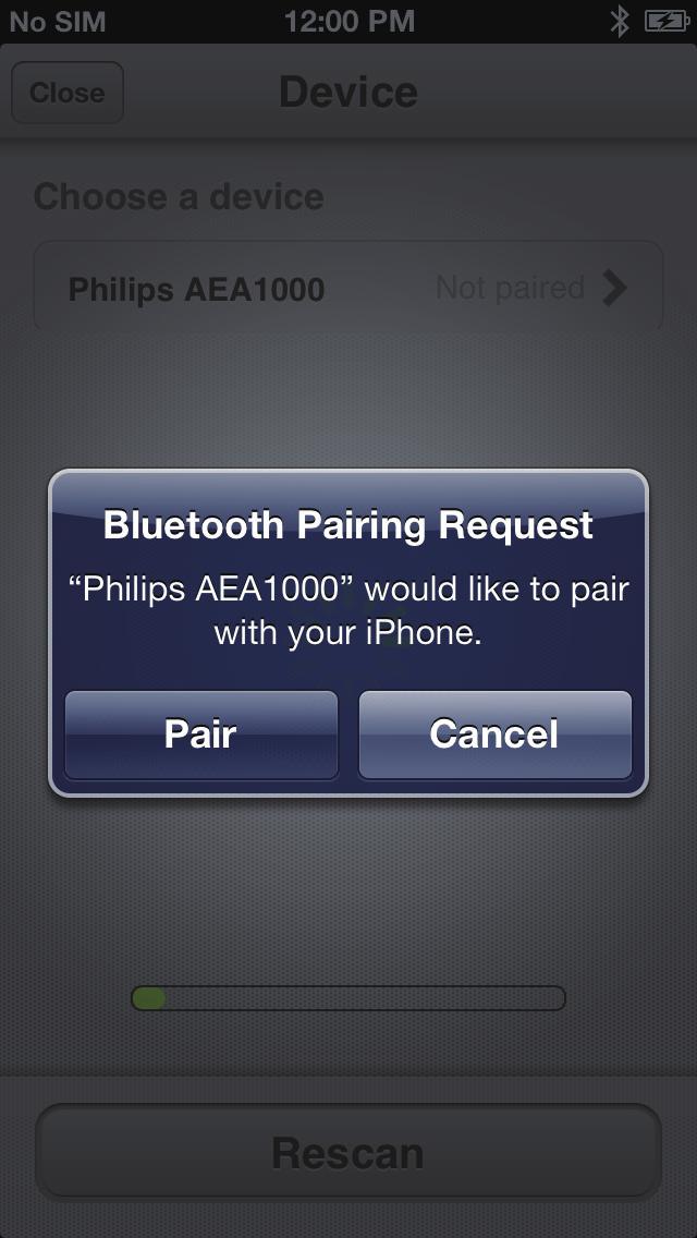 »» Miután megvan az InRange készülék, a Philips AEA1000 felirat jelenik meg az alkalmazás képernyőjén.