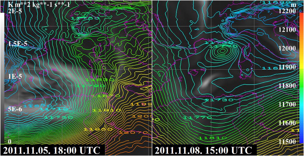 4. ábra: A Rolf ciklonhoz kapcsolódó 200-1000 hpa-os rétegvastagság (m) [színes vonalak] és 300 hpa-os potenciális örvényesség (Km 2 /kgs) [szürke árnyalatok] 2011.