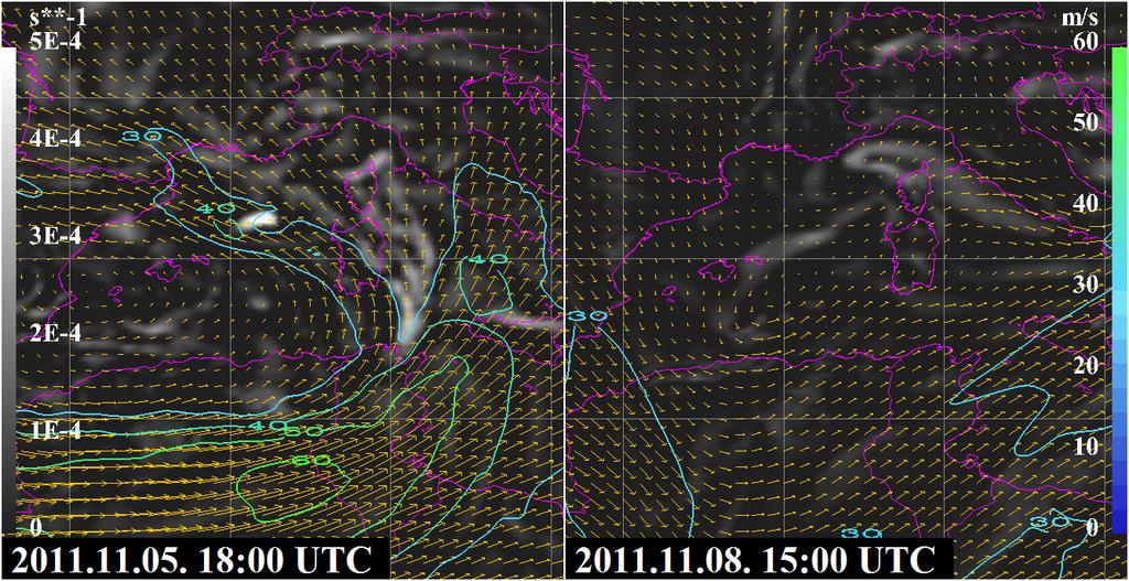 5. ábra: A Rolf ciklonhoz kapcsolódó 300 hpa-os szélerősség (m/s) [színes vonalak] és szélirány [vektorok], valamint 300 hpa-os divergencia (1/s) [szürke árnyalatok] 2011.