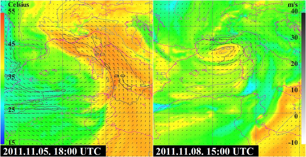 6. ábra: A Rolf ciklonhoz kapcsolódó 850 hpa-os szélerősség (m/s) [szürke vonalak] és szélirány [vektorok], valamint 850 hpa-os ekvivalens potenciális hőmérséklet ( C) [színek] 2011.