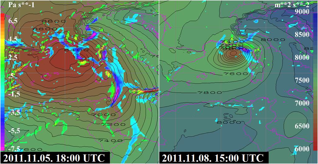 7. ábra: A Rolf ciklonhoz kapcsolódó 850 hpa-os vertikális sebesség (Pa/s) [bal oldali skála szerinti színek] és 925 hpa-os geopotenciál (m 2 /s 2 ) [fekete vonalak és a jobb oldali skála szerinti