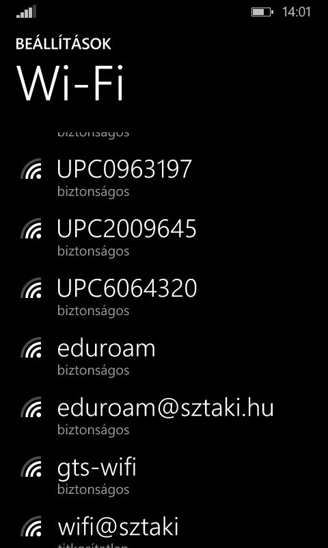 Eduroam konfiguráció beállítása Windows Phone 8.1-t futtató készüléken Kapcsolja be a készüléken a Wi-Fi-t, majd várja meg, míg megjelenik az eduroam hálózat!