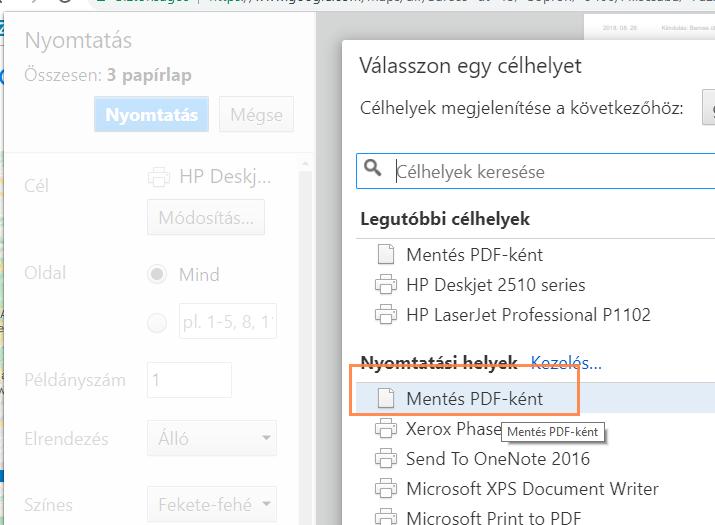 A nyomtatás oldalon a Cél