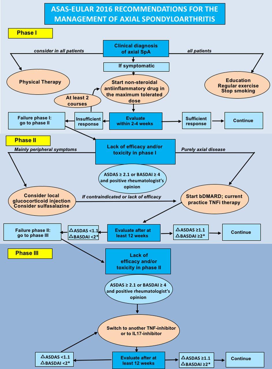 Algorithm based on the ASAS-EULAR recommendations for the management of axial spondyloarthritis.