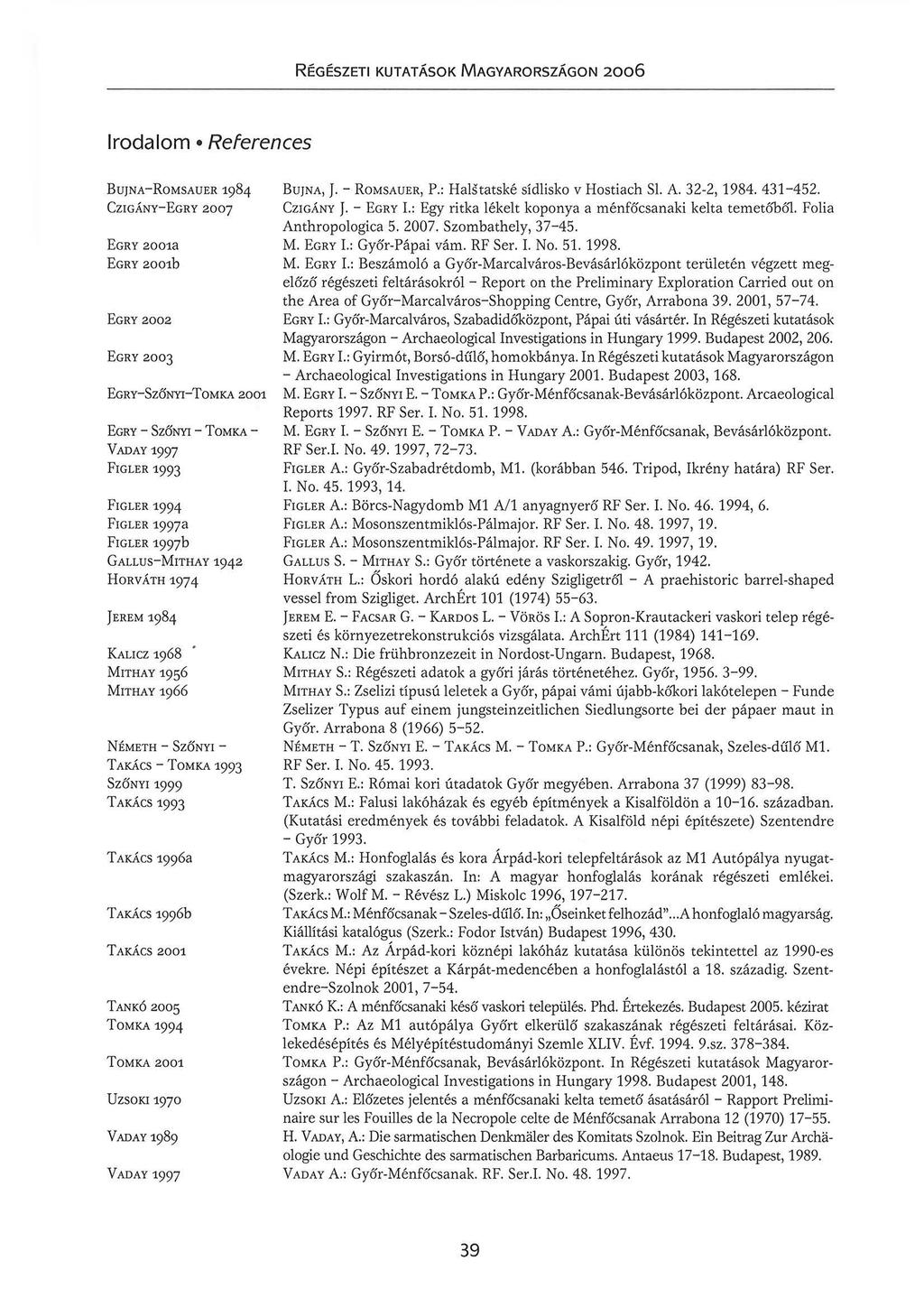 Irodalom References BUJNA-ROMSAUER 1984 CZIGÁNY-EGRY 2007 EGRY 2001a EGRY 2001b EGRY 2002 EGRY 2003 EGRY-SZŐNYI-TOMKA 2001 EGRY - SZŐNYI - TOMKA - VADAY 1997 FIGLER 1993 FIGLER 1994 FIGLER 1997a