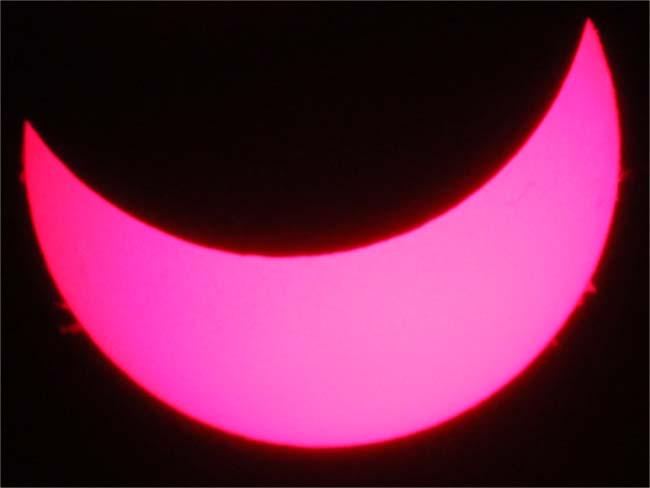 3. ábra. Hidrogén-alfa fényben készült felvétel a jelenségrõl. A napkorong szélén protuberanciák is megfigyelhetõk (fotó: Mitre Zoltán).