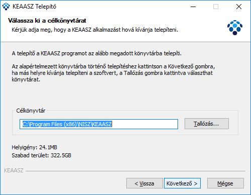 Alapbeállításként a célkönyvtár a C:\Program Files (x86)\nisz\keaasz könyvtár lesz.