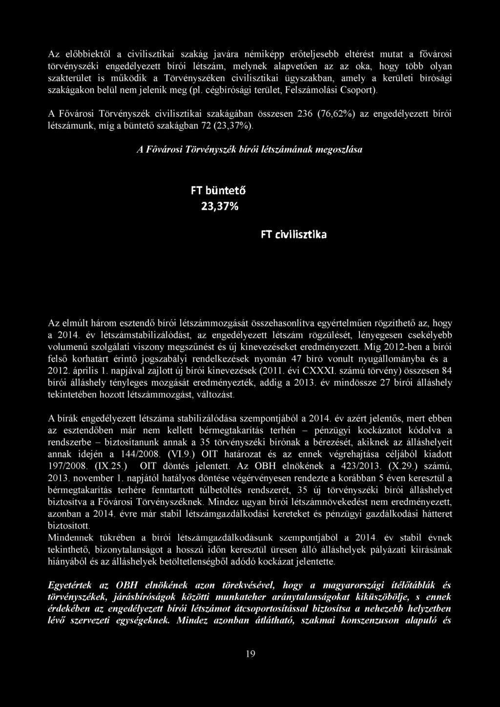 A Fővárosi Törvényszék civilisztikai szakágában összesen 236 (76,62%) az engedélyezett bírói létszámunk, míg a büntető szakágban 72 (23,37%).