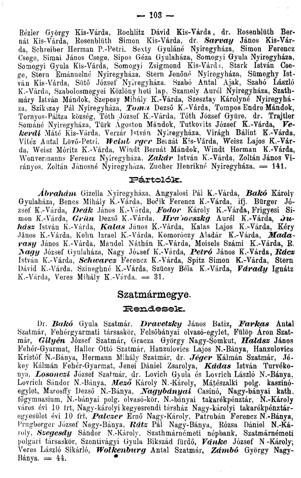 103 Rézler György Kis-Várda, Roohlitz Dávid Kis-Várda, dr. Rosenblüth Bernát Kis-Várda, Boseublüth Simon Kis-Várda, dr. Sarvay János Kis-Várda, Schreiber Hermán P.