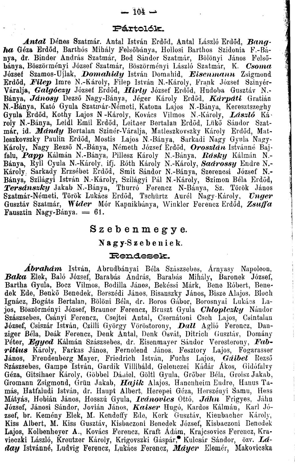 104 Antal Dénes Szatmár. Antal István Erdőd, Antal László Erdőd, Bangha Géza Erdőd, Barthos Mihály Felsőbánya, Hollosi Barthos Szidónia F.-Bánya, dr.