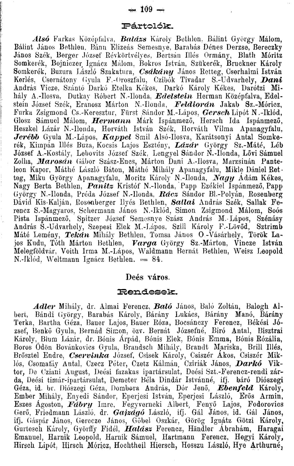 ^ 109 Fártolólc. ^lísó Farkas Középfalva. Balázs Károly Bethlen. Bálint György Malom, Bálint János Bethlen.