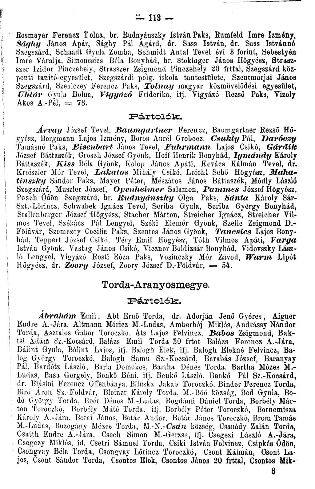 113 Eosmayer Ferenez Tolna, br. Rudnyánszky István Paks, Rumfeld Imre Izmény, Sdghy János Apár, Sághy Pál Agárd, dr. Sass István, dr.