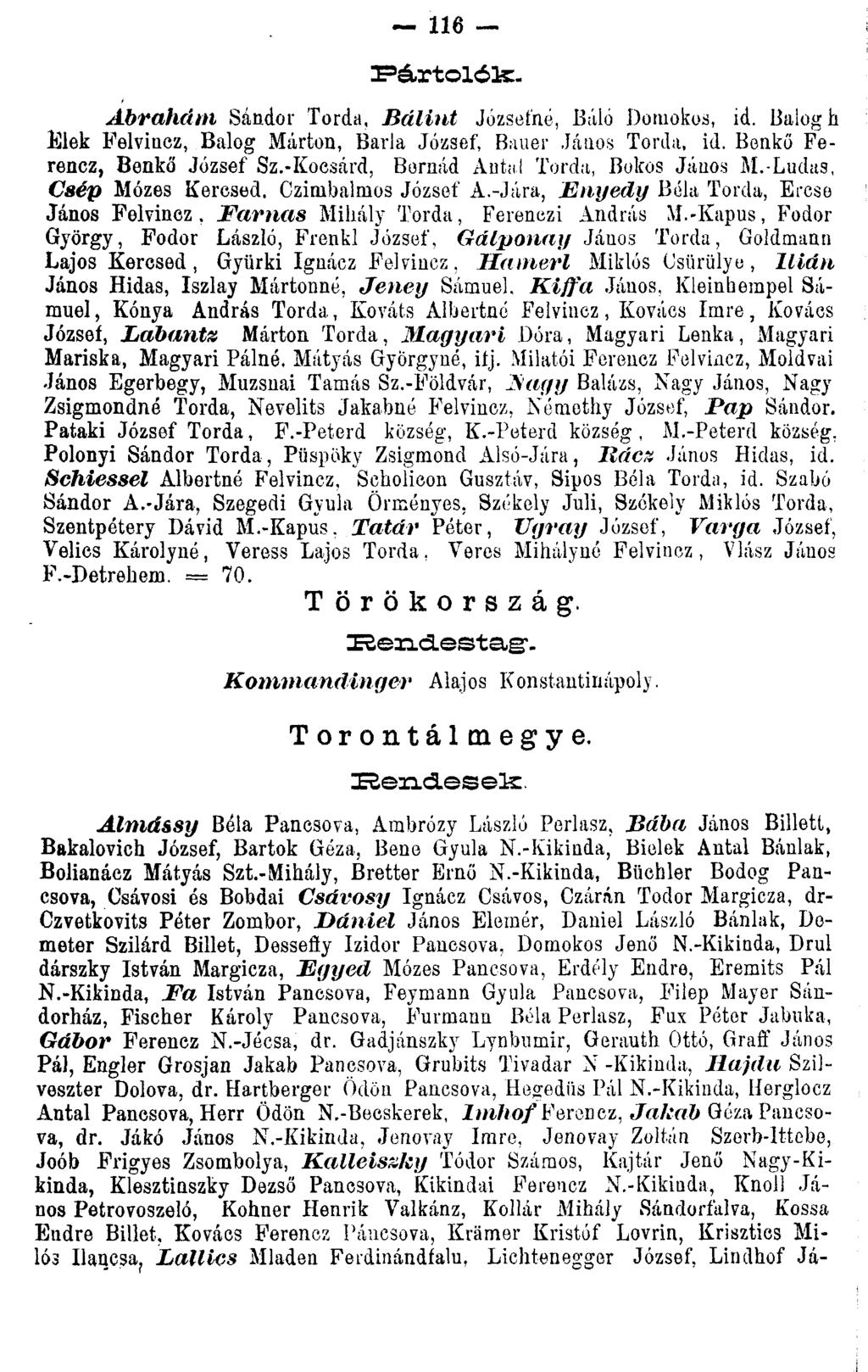 116 Ábrahám Sándor Torda, Bálint Józsefhé, Báló Domokos, id. Balogh Elek Felvincz, Balog Márton, Barla József, Bauer János Torda, id. Benkő Ferencz, Benko József Sz.
