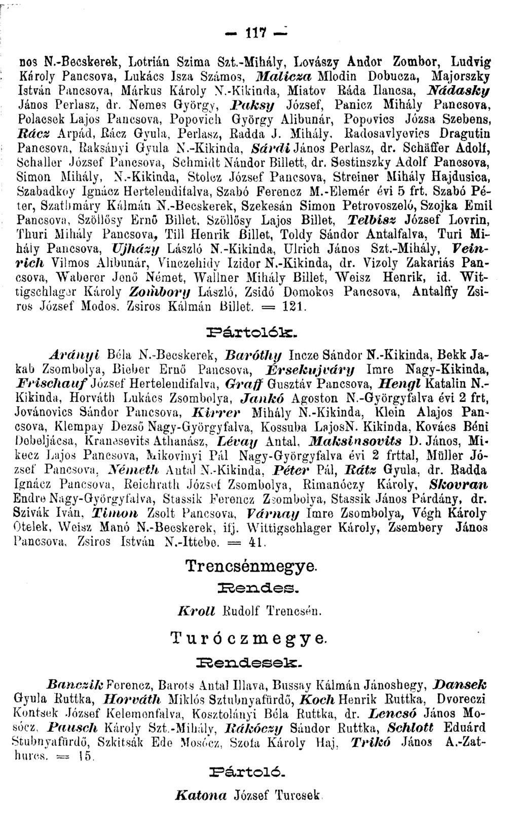 - 117 DOS N.-Becskerek, Lotrián Szima Szt.-Mihály, Lovászy Andor Zombor, Ludvig Károly Pancsova, Lukács Isza Számo3, Malicza Mlodin Dobucza, Majorszky István Pancsova, Márkus Károly N T.
