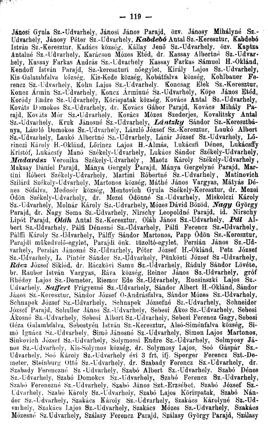 - 119 - Jánosi Gyula Sz.-Udvarhely, Jánosi János Parajd, özv. Jánosy Mihályné Sz.- Udvarhely, Jáuosy Péter Sz.-Udvarhely, KabdebÓ Antal Sz.-Keresztur, Kabdebó Istváu Sz.