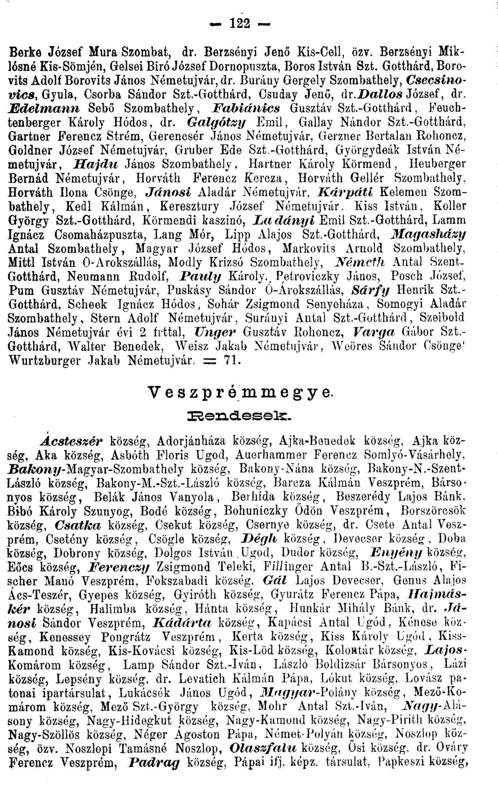 Berke József Mura Szombat, dr. Berzsenyi Jenő Kis-Oell, özv. Berzsenyi Miklósnó Kis-Sömjén, Gelsei Biró József Dornopnszta, Boros István Szt. Gotthárd, Borovits Adolí Borovits János Németujvár, dr.
