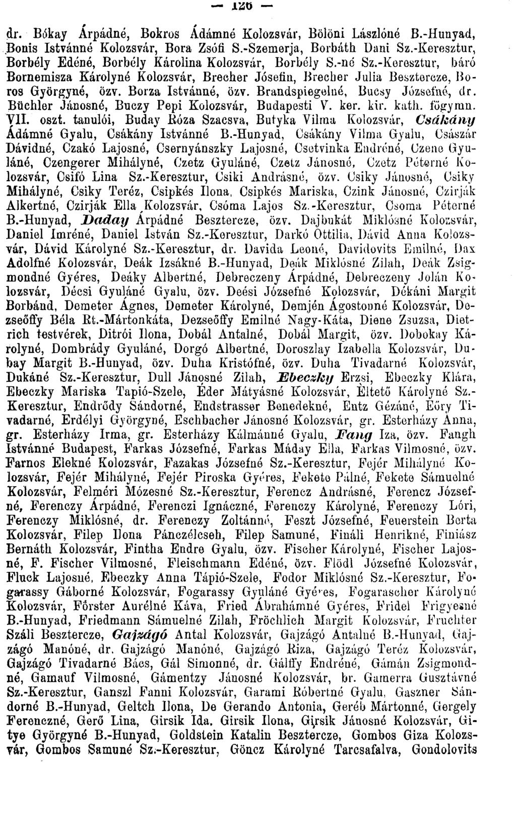 dr. Bókay Árpádné, Bokros Ádámné Kolozsvár, Bölöni Lászlóné B.-Hunyad, Bonis Istvánné Kolozsvár, Bora Zsófi S.-Szemerja, Borbáth Uani Sz.