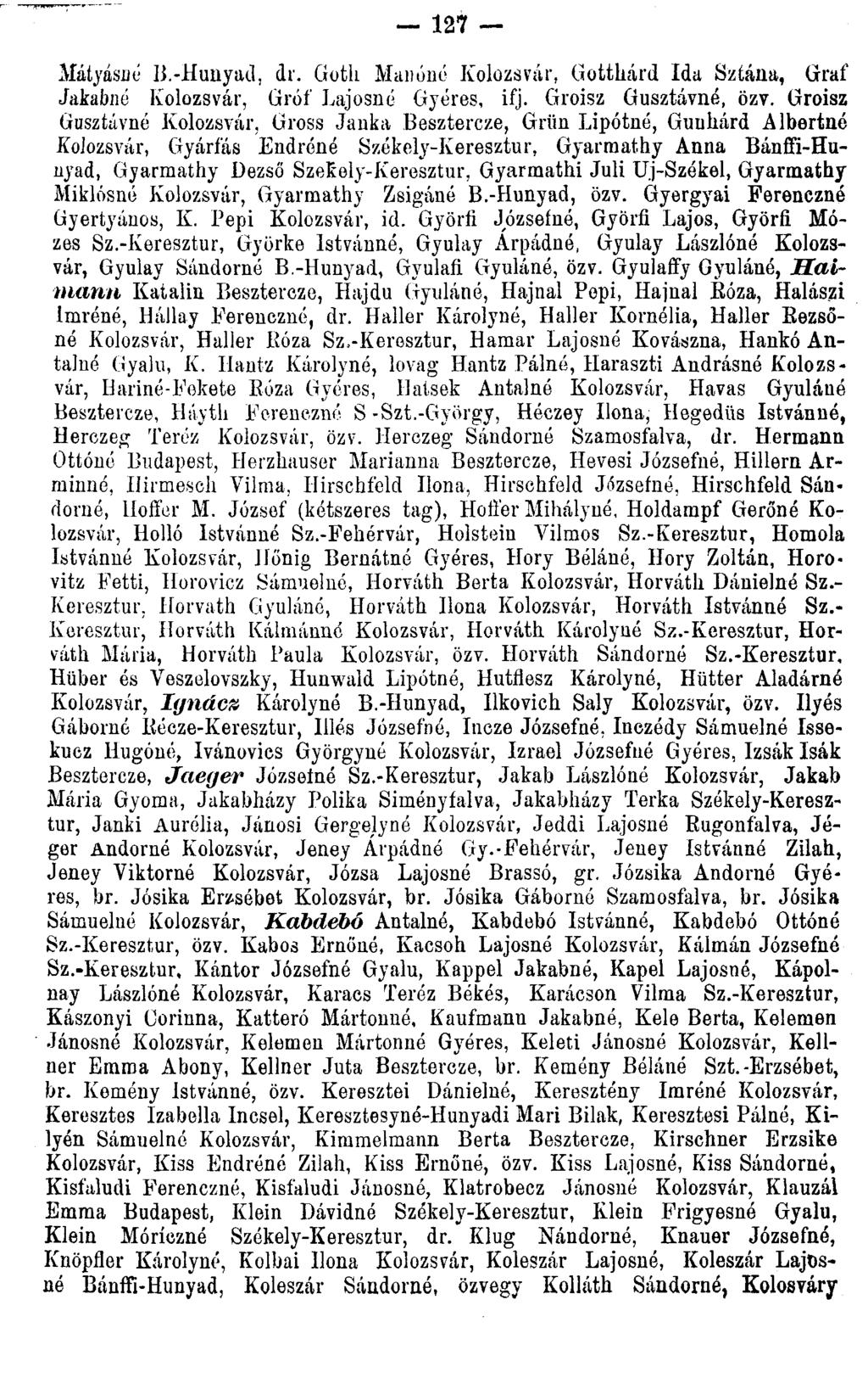 127 Mátyásáé B.-Hunyad, dr. Gotli Maii óné Kolozsvár, Gottkárd Ida Sztána, Gráf Jakabné Kolozsvár, Gróf Lajosné Gyéres, ifj. Groisz Gusztávné, özv.