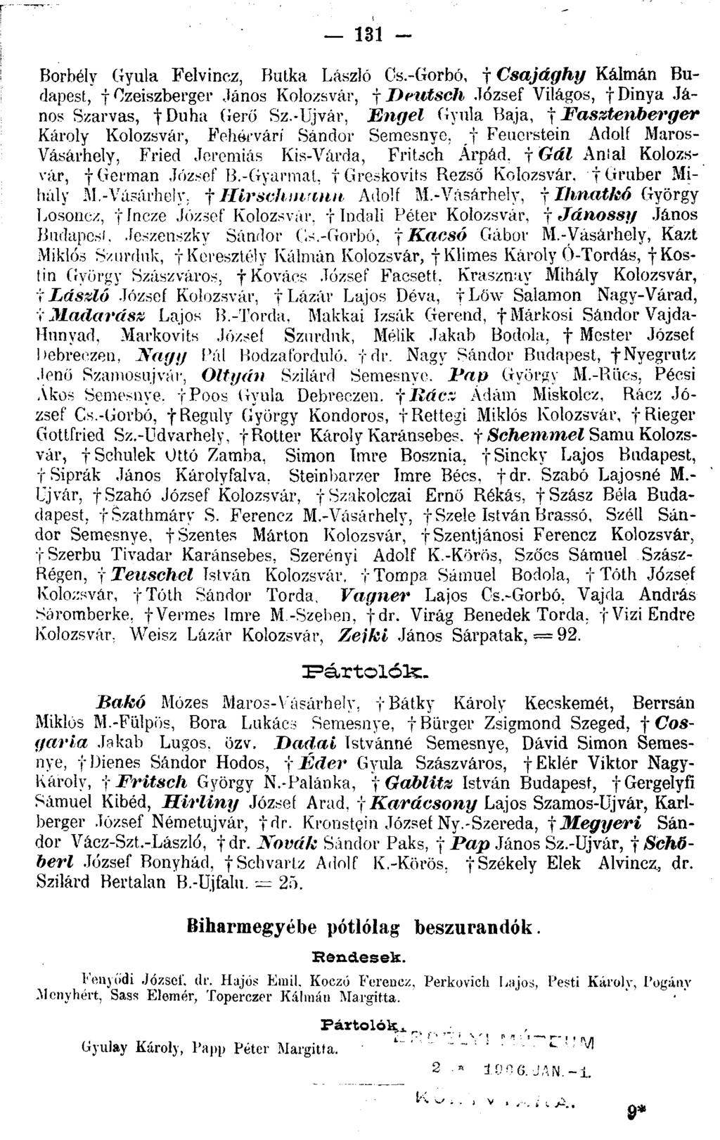 131 - Borbély Gyula Felvinez, Butka László Cs.-Gorbó, f Csajághy Kálmán Budapest, j Czeiszberger János Kolozsvár, f Deutsch József Világos, f Dinya János Szarvas, yduha Gerő Sz.
