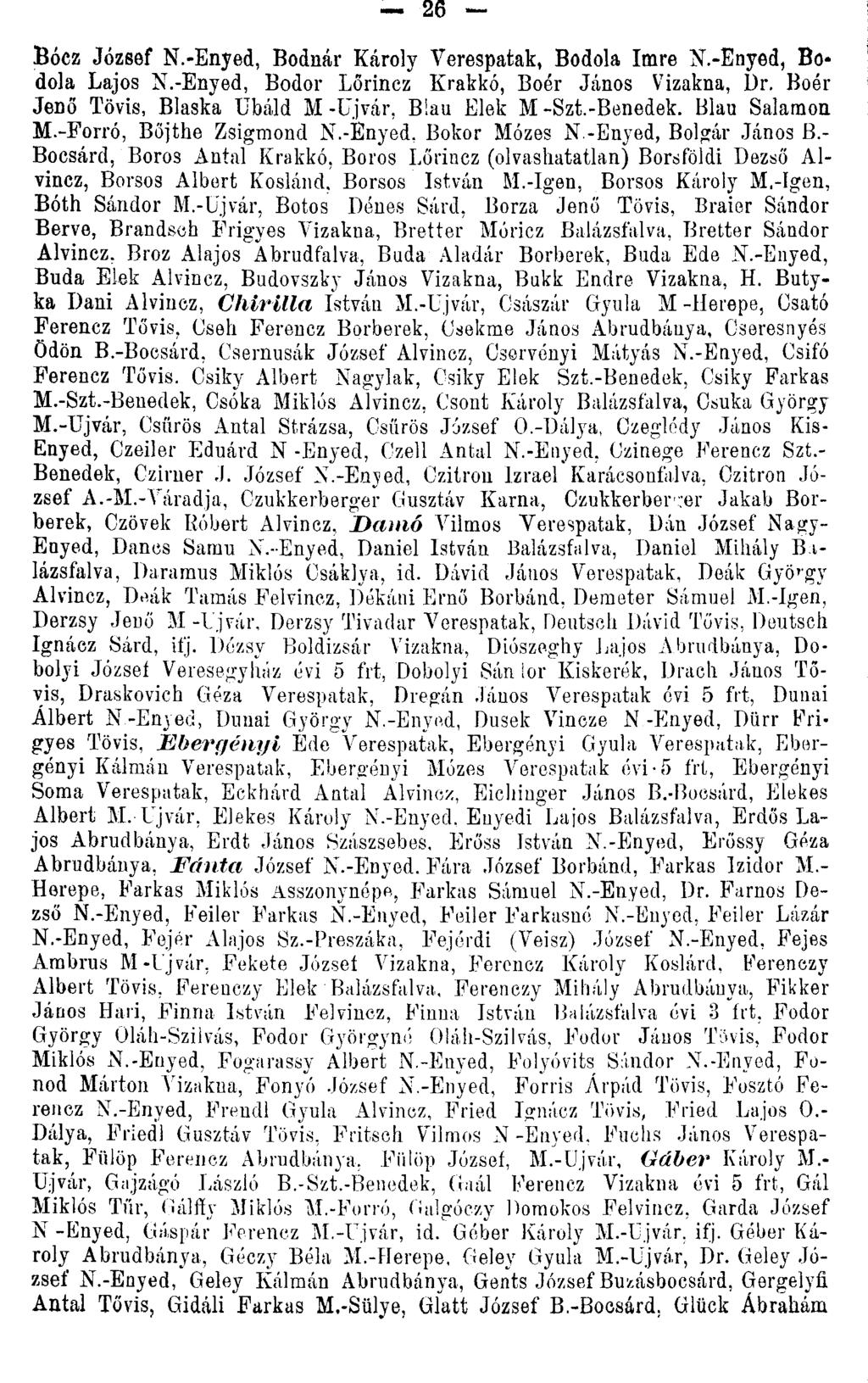 26 Bócz József N.-Enyed, Bodnár Károly Verespatak, Bodola Imre N.-Enyed, Bodola Lajos N.-Enyed, Bodor Lőrincz Krakkó, Boér János Vízakna, Dr. Boér Jenő Tövis, Blaska Ubáld M-Újvár, B!au Elek M-Szt.