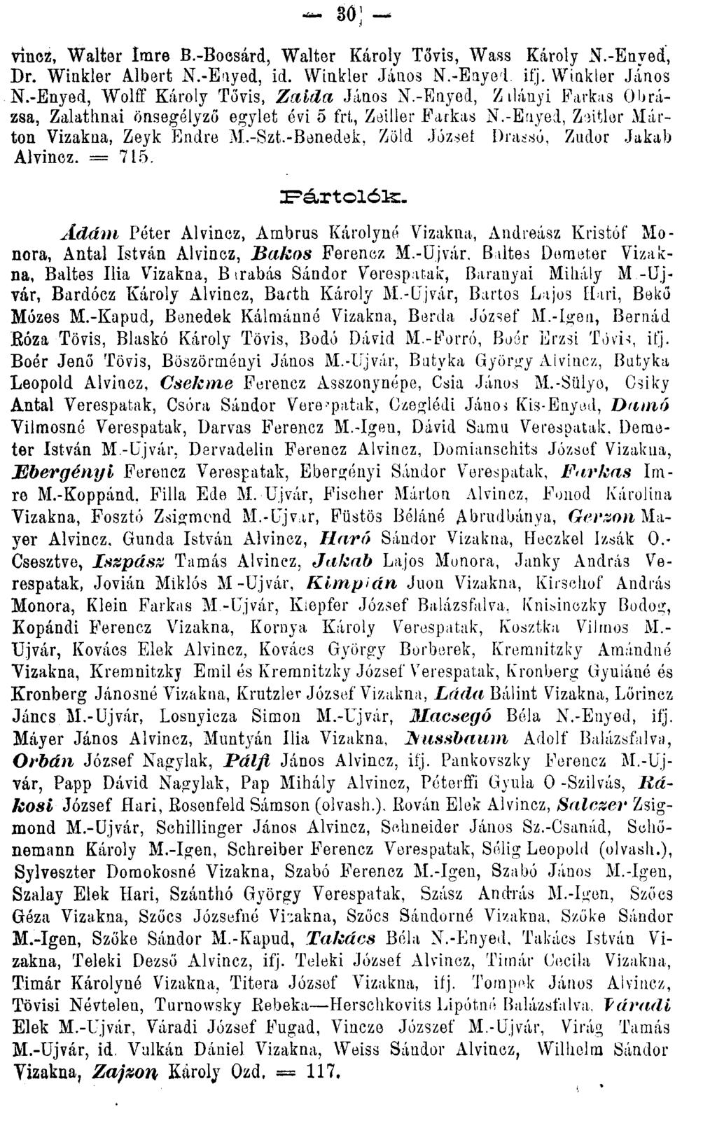 vincz, Walter Imre B.-Boesárd, Walter Károly Tövis, Wass Károly N.-Enyed, Dr. Wiakler Albert N.-Enyed, id. Winkler János N.-Eayed. ifj. Winkler János N.-Enyed, Wolff Károly Tövis, Zaida János N.