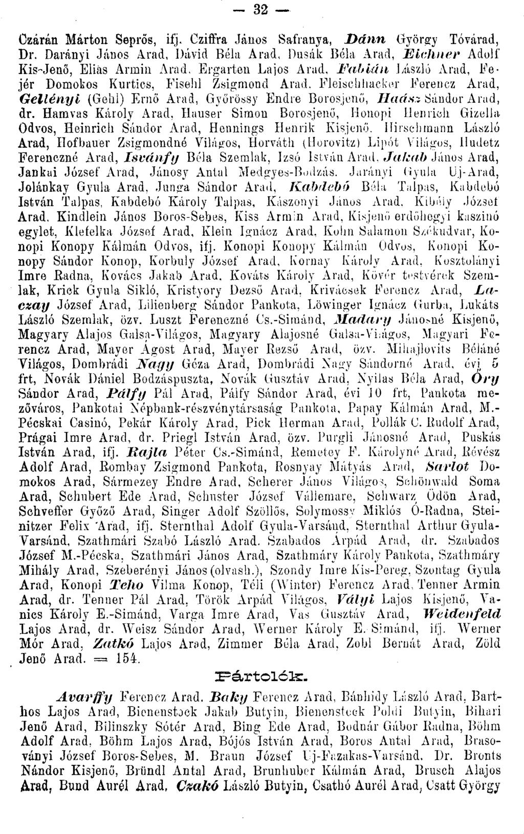 - 32 Ozárán Márton Seprős, ifj. Cziffra János Sáfránya, Dánn György Tóvárad, Dr. Darányi János Arad, Dávid Béla Arad, Dusák Béla Arad, Eichner Adolf Kis-Jenő, Elias Ármin Arad. Ergarten Lajos Arad.