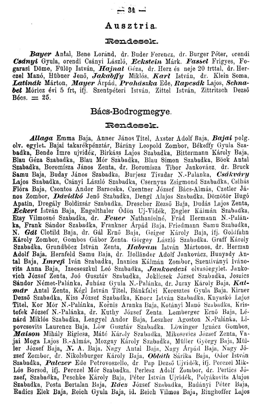 34 Ausztria. IRend-eseik:. Bayer Antal, Bene Loránd, dr. Buder Ferenez, dr. Burger Péter, orendi Csányi Gyula, orendi Csányi László, Fckstein Márk.