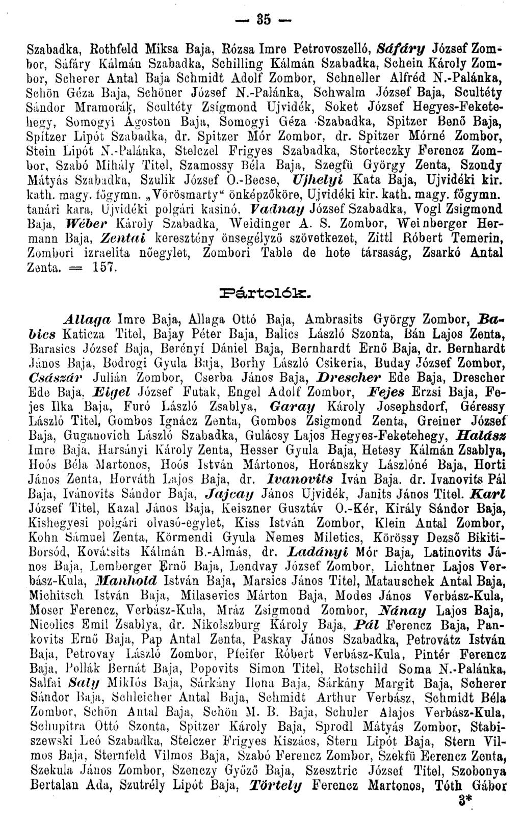 35 - Szabadka, Rothfeld Miksa Baja, Rózsa Imre Petrovoszelló, Sáfáry József Zombor, Sáfáry Kálmán Szabadka, Schilling Kálmán Szabadka, Sehein Károly Zombor, Scherer Antal Baja Schmidt Adolf Zombor,