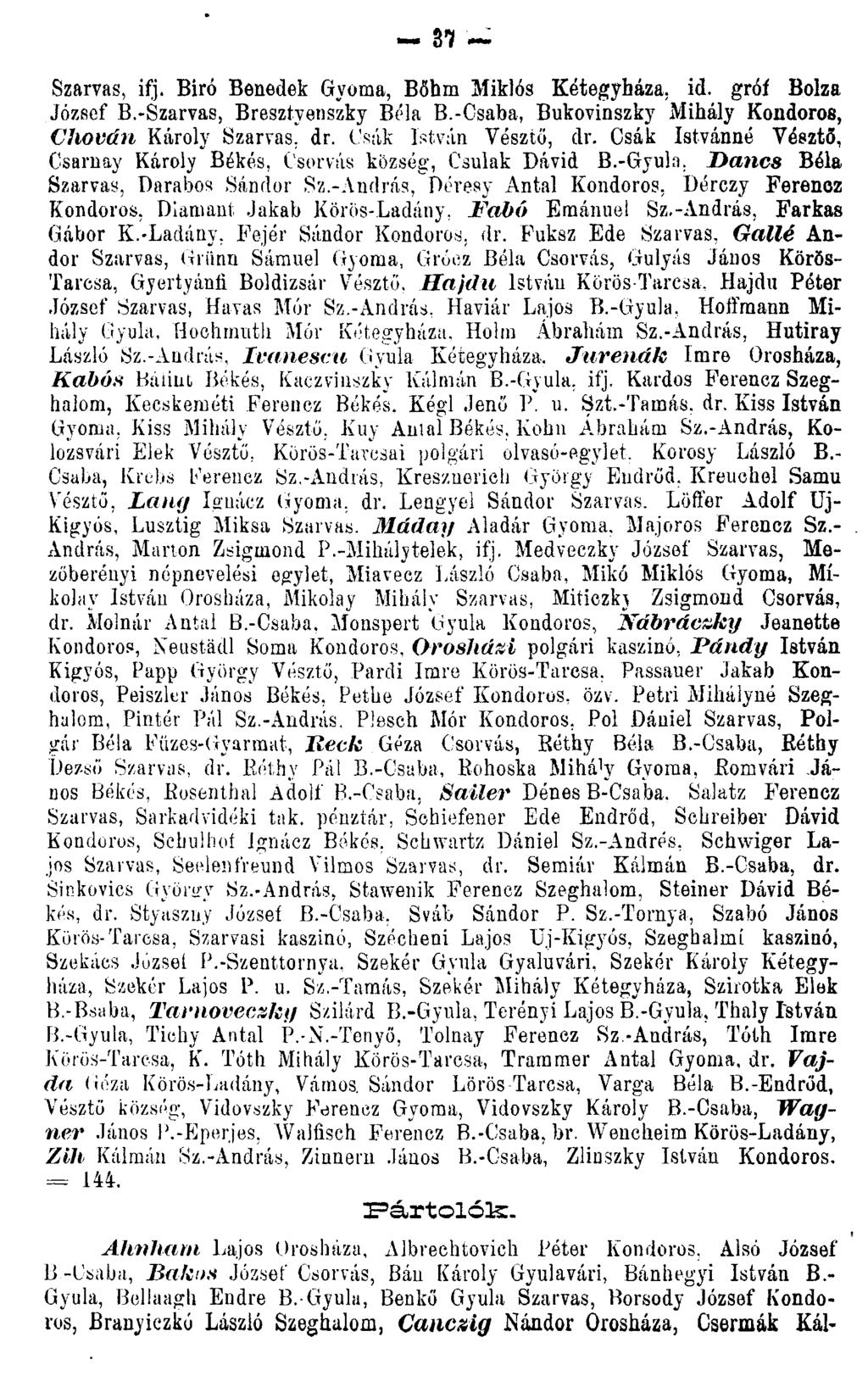 37 Szarvas, ifj. Biró Benedek Gyoma, Böhm Miklós Kétegyháza. id. gróf Bolza József B.-Szarvas, Bresztyenszky Béla B.-Csaba, Bukovinszky Mihály Kondoros, Chován Károly Szarvas, dr.