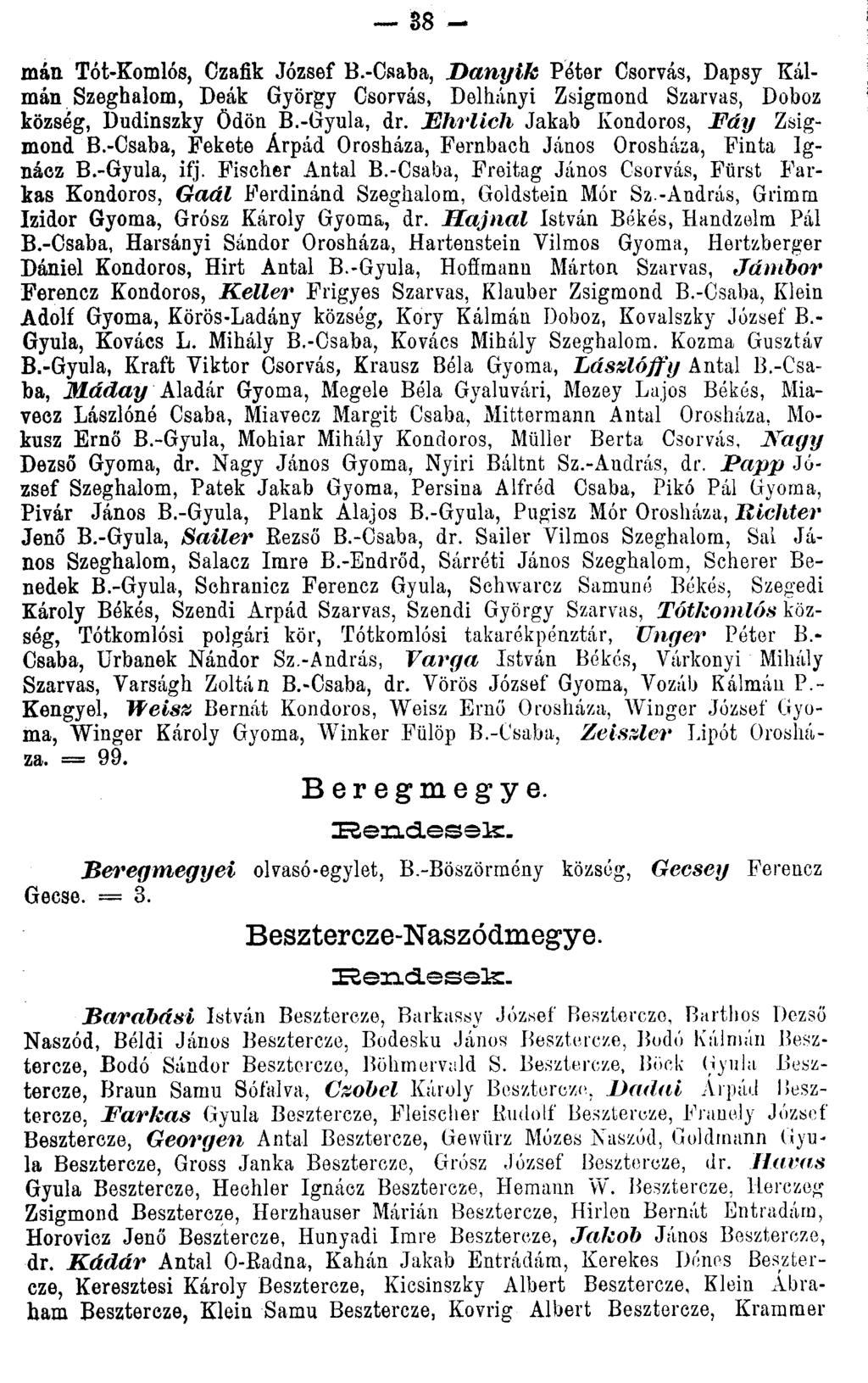 38 - mán Tót-Komlós, Ozafik József B.-Csaba, Danyik Péter Csorvás, Dapsy Kálmán Szeghalom, Deák György Csorvás, Delhányi Zsigmond Szarvas, Doboz község, Dudinszky Ödön B.-Gyula, dr.