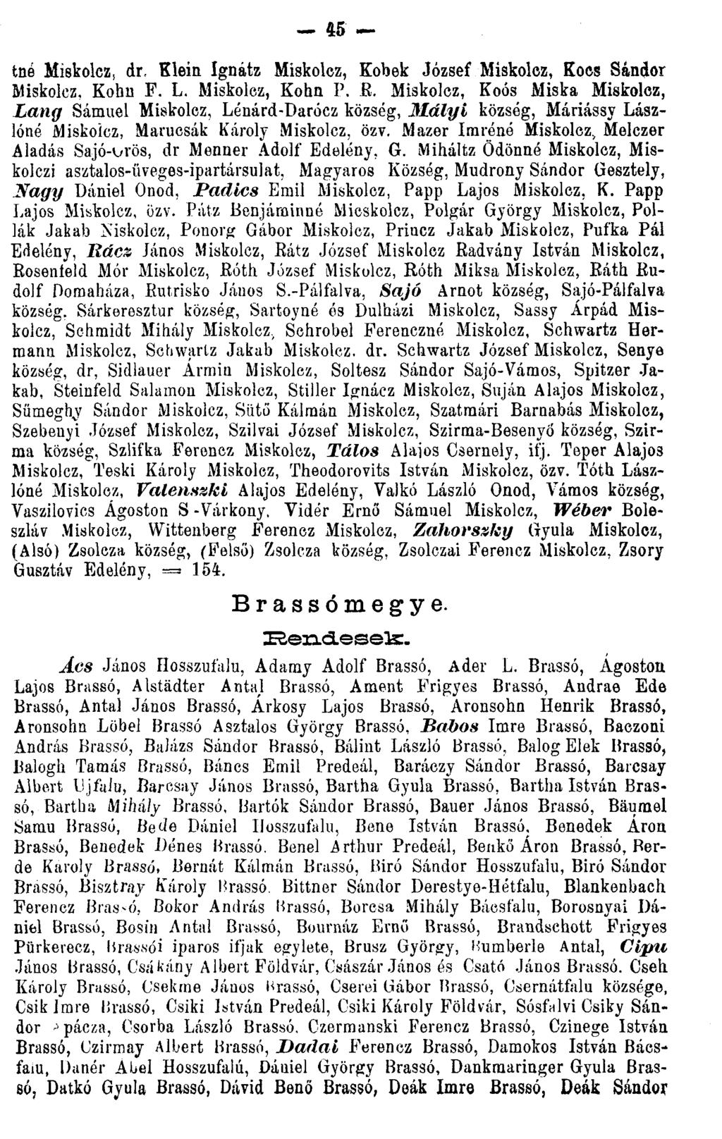 45 tné Miskolcz, dr, Klein Ignátz Miskolcz, Kobek József Miskolcz, Kocs Sándor Miskolcz, Kohn F. L. Miskolcz, Kohn P. R.