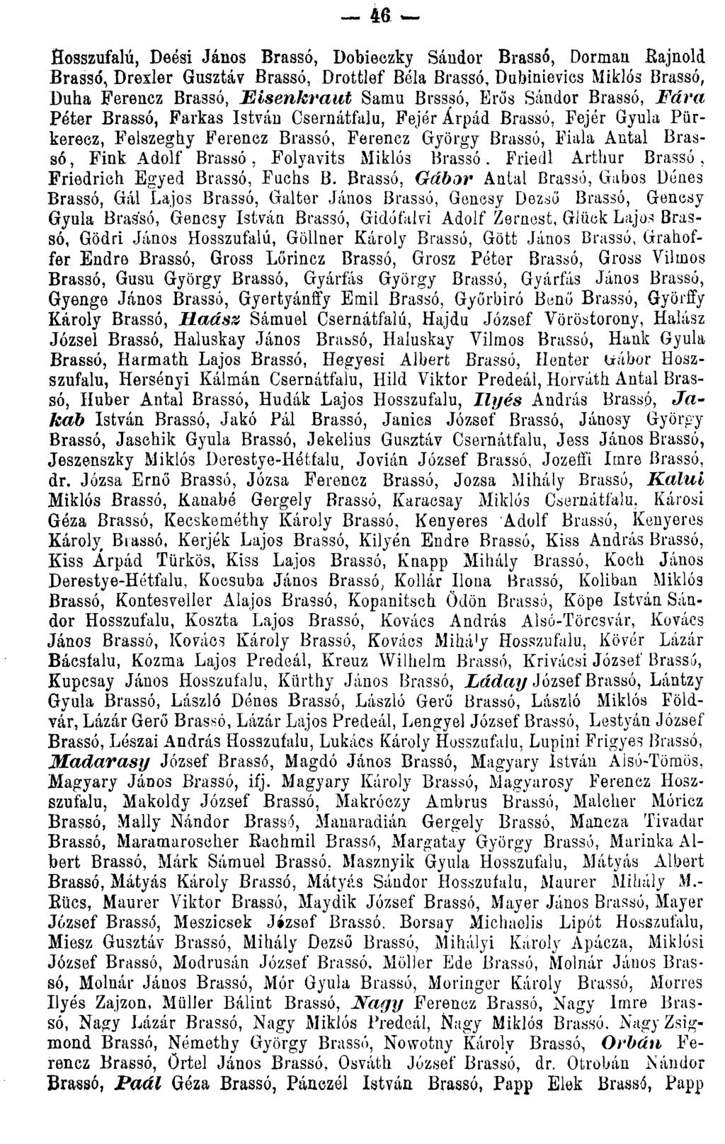 Hosszúfalu, Deési János Brassó, üobieczky Sándor Brassó, Dorman Bajnold Brassó, Drexler Gusztáv Brassó, Drottlef Béla Brassó, Dubinievics Miklós Brassó, Duha Ferenez Brassó, Fisenkraut Samu Brsssó,