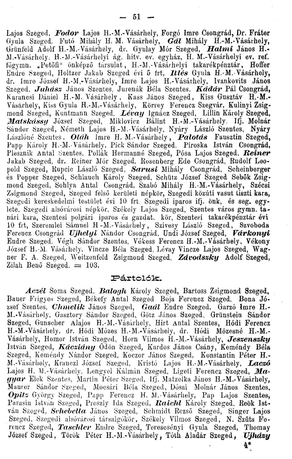 - 51 - Lajos Szeged, Fodor Lajos H.-M.-Vásárhely, Forgó Imre Csongrád, Dr. Fráter Gyula Szeged, Futó Mihály H. M. Vásárhely, Gál Mihály H.-M.-Vásárhely, Grünfeld Adolf H.-M.-Vásárhely, di 1.