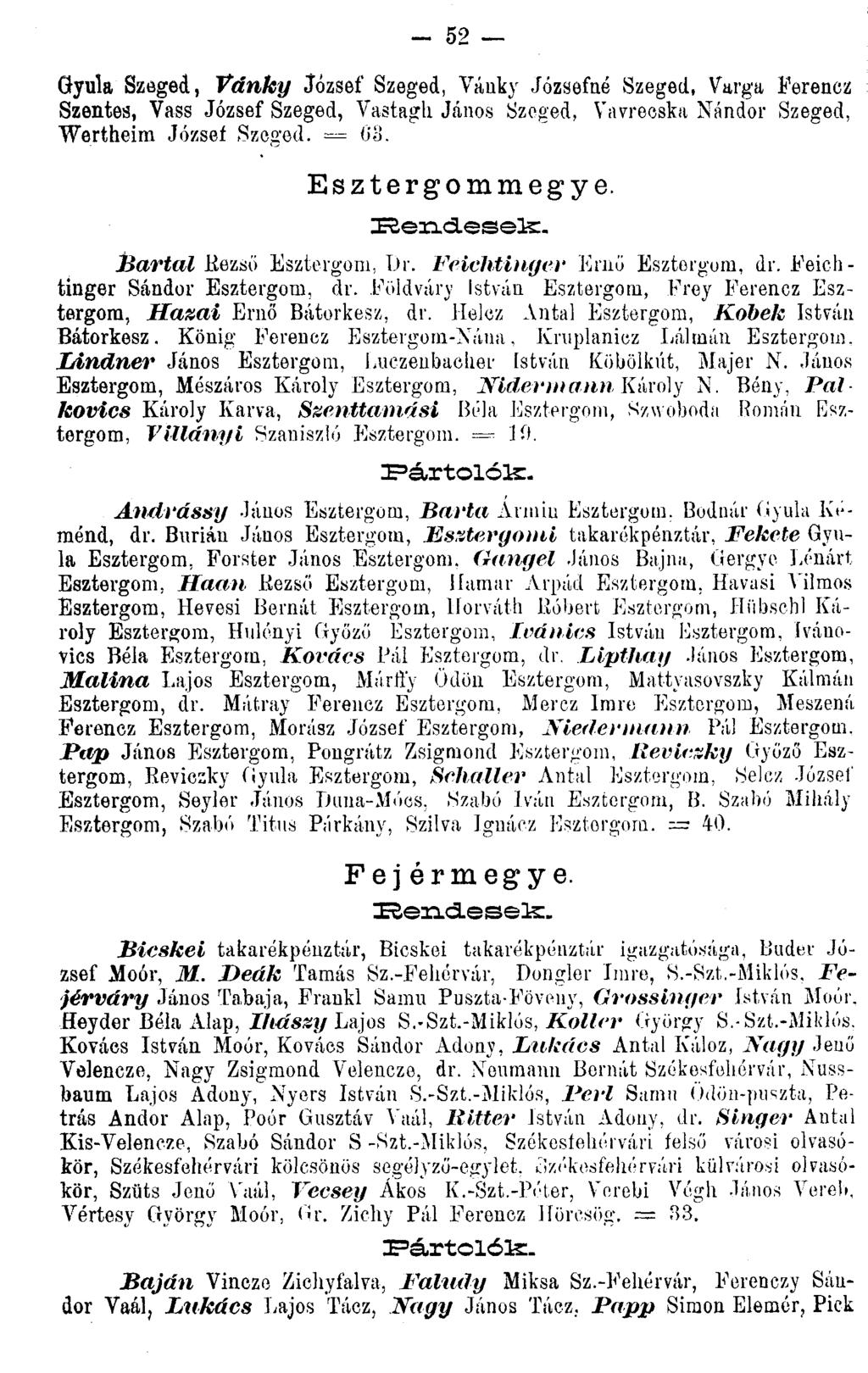 - 52 Gyula Szeged, Tdnky József Szeged, Váuky Józsefné Szeged, Varga ferencz Szentes, Vass József Szeged, Vastaga János Szeged, Vavrecska Nándor Szeged, Wertheim József Szeged. 08. Esztergommegye.