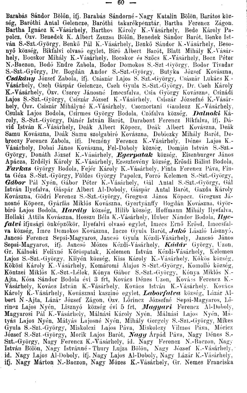 60 Barabás Sándor Bölőn. ifj. Barabás Sándorné - Nagy Katalin Bölön, Barátos község, Baróthi Antal Gelencze, Barótbi takarékpénztár. Bartha Ferenez Zágon. Bartha Ignácz K-Vásárhely, Barthos Károly K.
