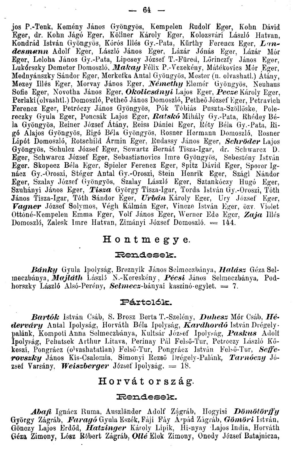 64 jos P.-Tenk, Kemény János Gyöngyös, Kempelen Rudolf Éger, Kohn Dávid Eger, dr. Kohn Jágó Eger, Köliner Károly Eger, Kolozsvári László Hatvan, Kondrád István Gyöngyös, Kórós Illés Gy.
