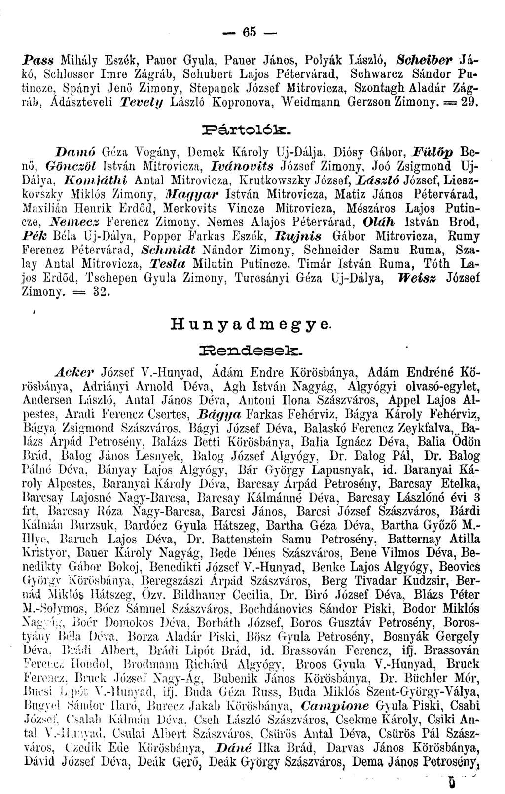 65 Pass Mihály Eszék, Pauer Gyula, Pauer János, Polyák László, Scheiber Jákó, Schlossor Imre Zágráb, Schubert Lajos Pétervárad, Schwarcz Sándor Pulin c/e, Spányi Jenő Zimony, Stepanek József