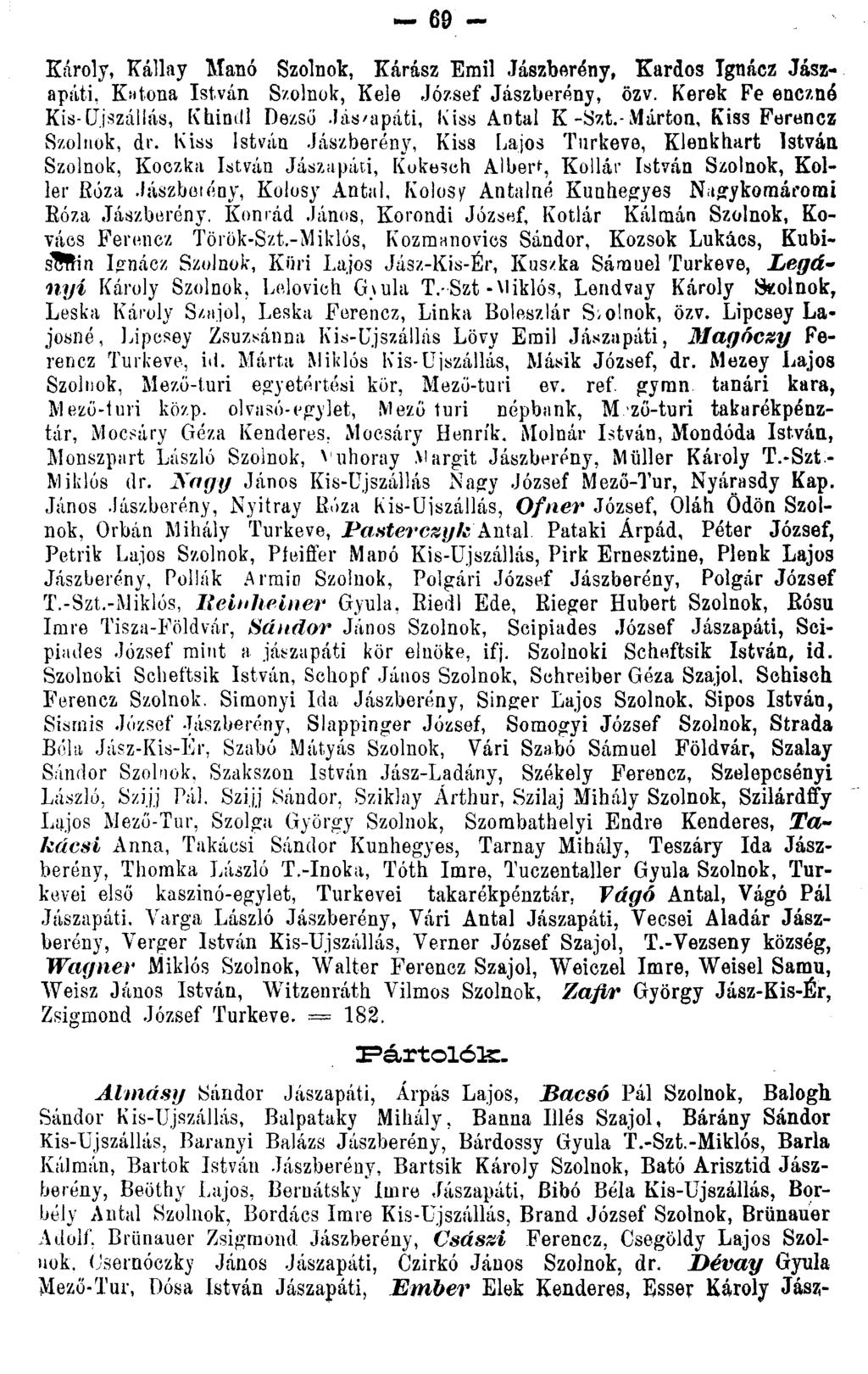 Károly, Kállay Manó Szolnok, Kárász Emil Jászberény, Kardos Ignácz Jászapáti, Katona István Szolnok, Kele József Jászberény, özv. Kerek Fe enczné Kis-Ujszállás, Khindi Dezső.
