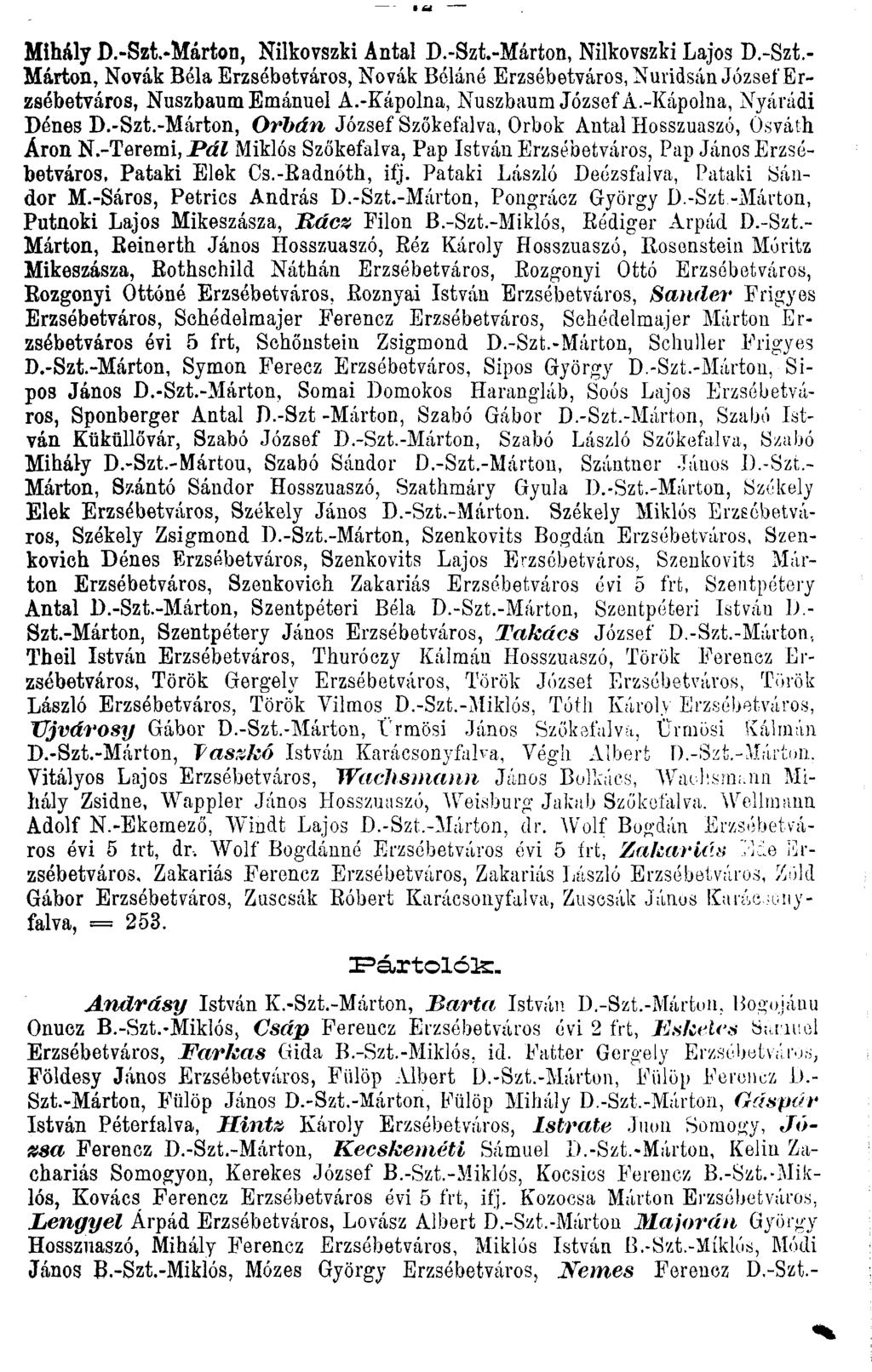 Mihály D.-Szt.-Márton, Nilkovszki Antal D.-Szi-Márton, Nilkovszki Lajos D.-Szt.- Márton, Nóvák Béla Erzsébetváros, Nóvák Bélánó Erzsébetváros, Nuridsán József Erzsébetváros, Nuszbaum Emánuel A.